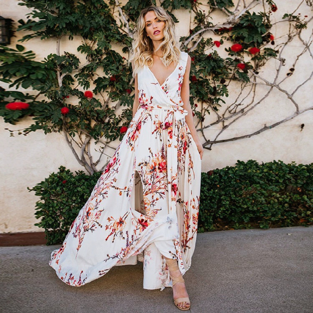 ZARA Summer V Neck Printed Flared Maxi Dress Sexy Fitted Slit Long Dress